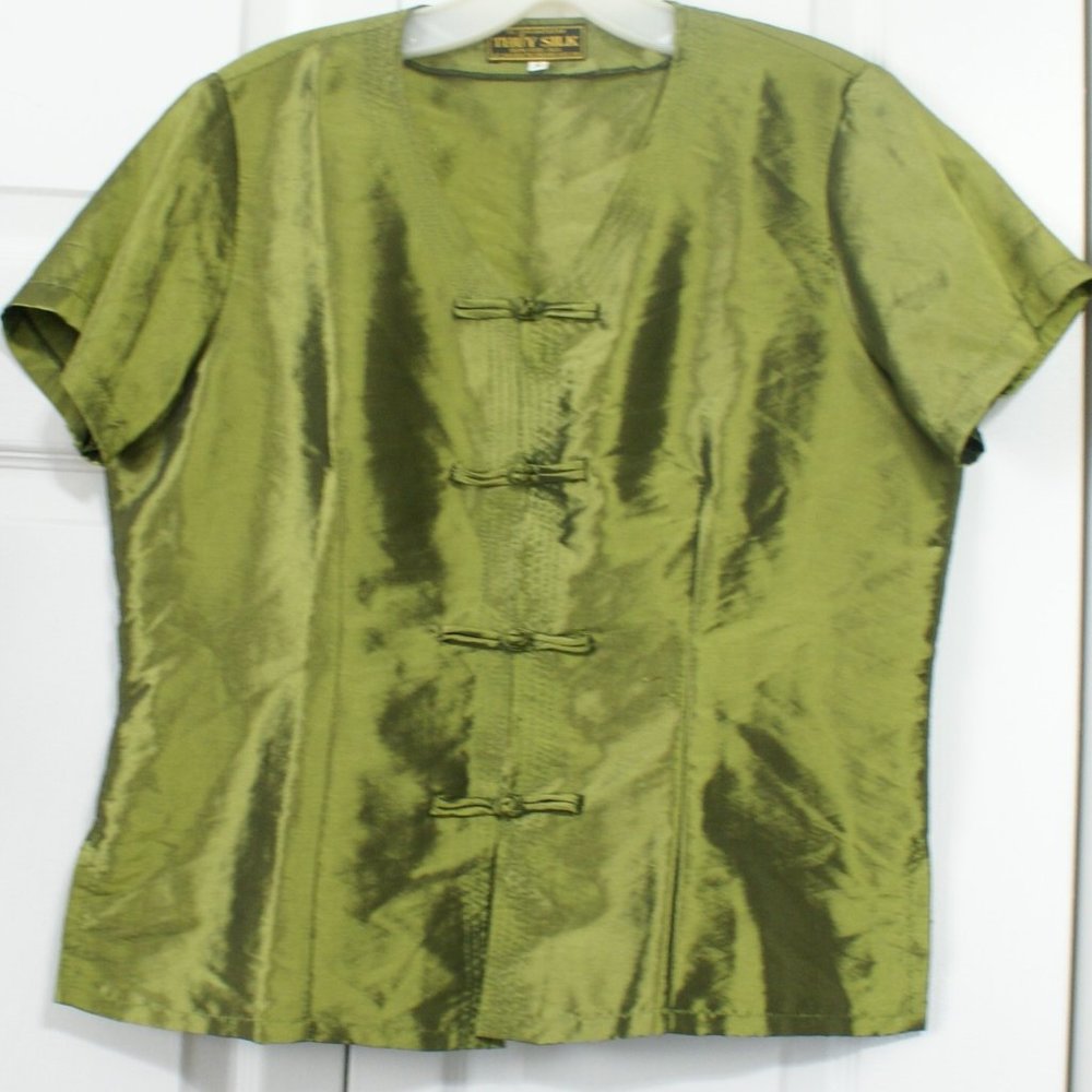 Thuy Silk Asian Oriental Style Blouse Jade Green Size Small 100% Silk Buttons